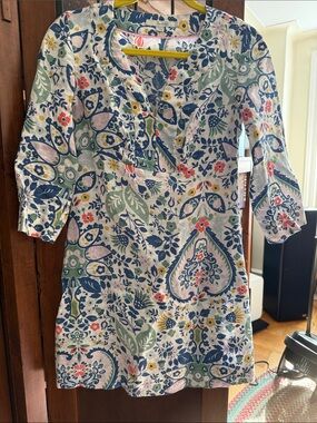 Boden Floral Cotton Tunic Dress in Navy, Green & Pink